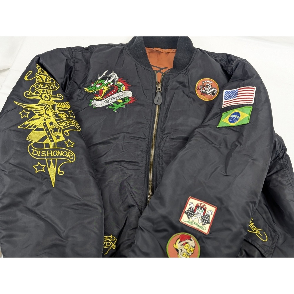 Ed Hardy Bomber Jacket Black Tattoo Patch Dragon Mens‎ Large - Picture 6 of 16